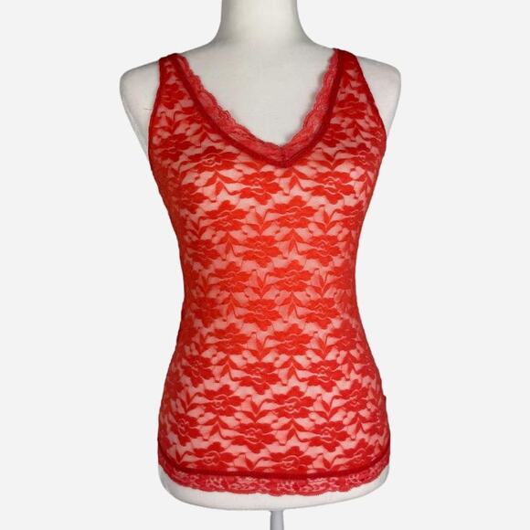 Fitted lace sheer camisole pink orange V-neckline stretchy - size medium - Picture 1 of 8
